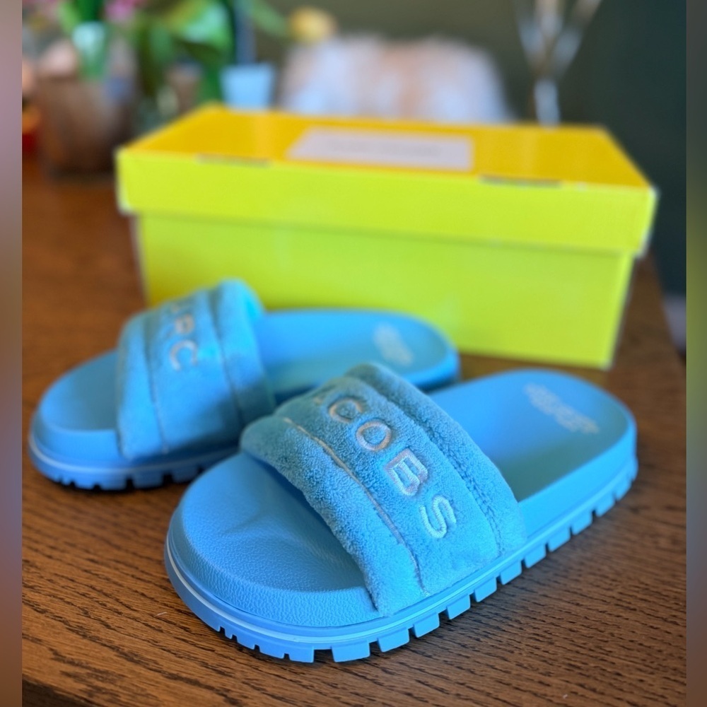 NIB! NEW! Marc Jacobs THE SLIDES Pool Blue Plush Platform Sandals -Women